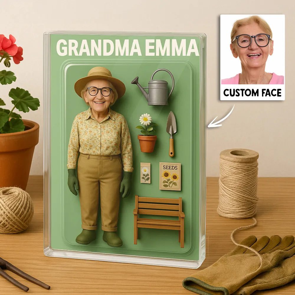 Custom Grandma Gardening Cartoon Action Figure Pack Packaging Rectangle Acrylic Block Plaque