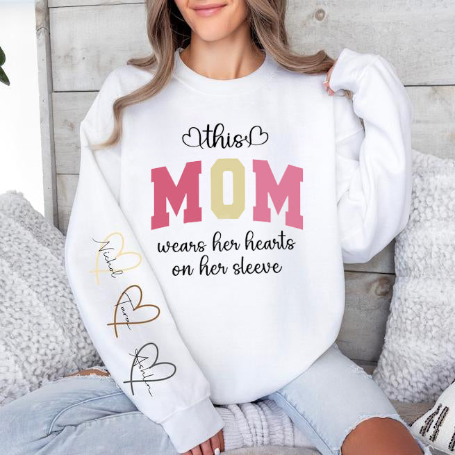 Custom Wear Your Heart On Your Sleeve Mom Sweatshirt With Your Child's Name, A Great Mother's Day Gift