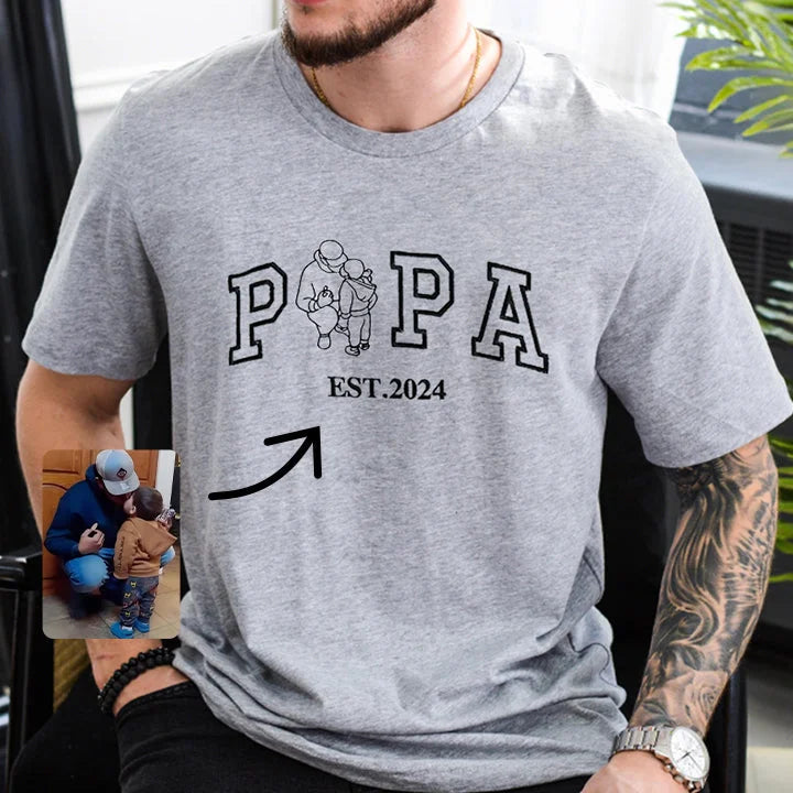 A Papa T-Shirt With A Photo And A Sweatshirt Separately Embroidered With The Portraits Of The Father And The Child