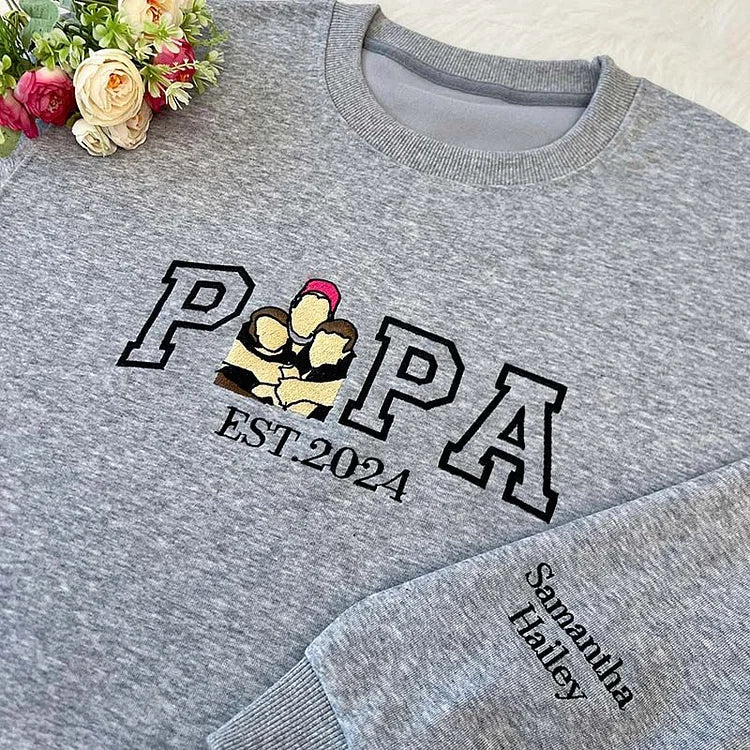 A Papa T-Shirt With A Photo And A Sweatshirt Separately Embroidered With The Portraits Of The Father And The Child