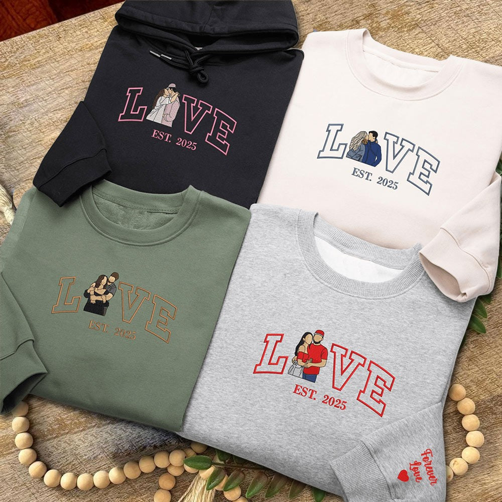 Embroidered Custom Couple Photo Portrait Hoodie With Anniversary Date