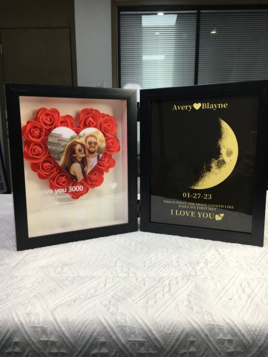 Custom Heart Shape Flower Shadow Box With Moon Phase Frame