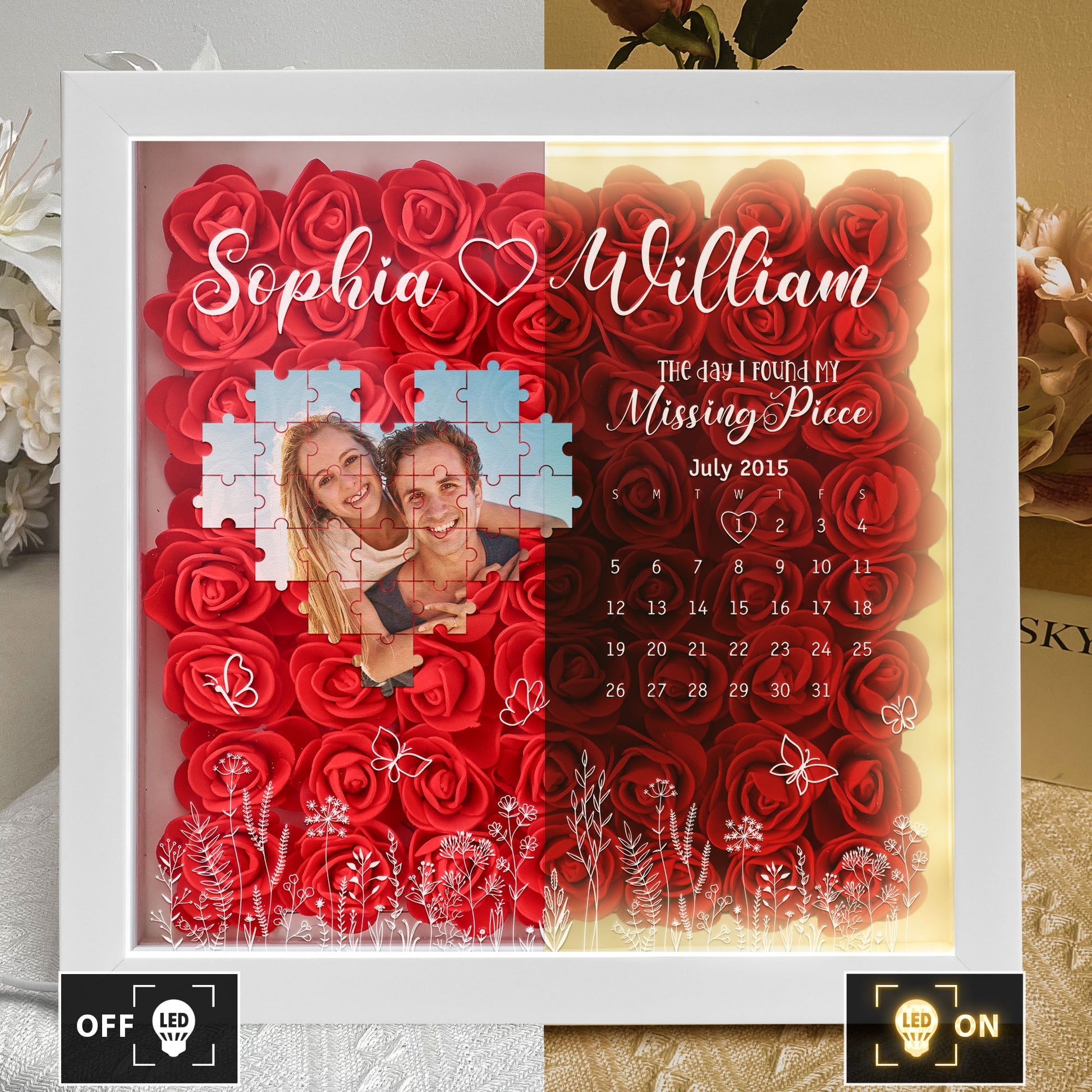 The Day I Found My Missing Piece - Personalized Photo Flower Shadow Box With LED Light