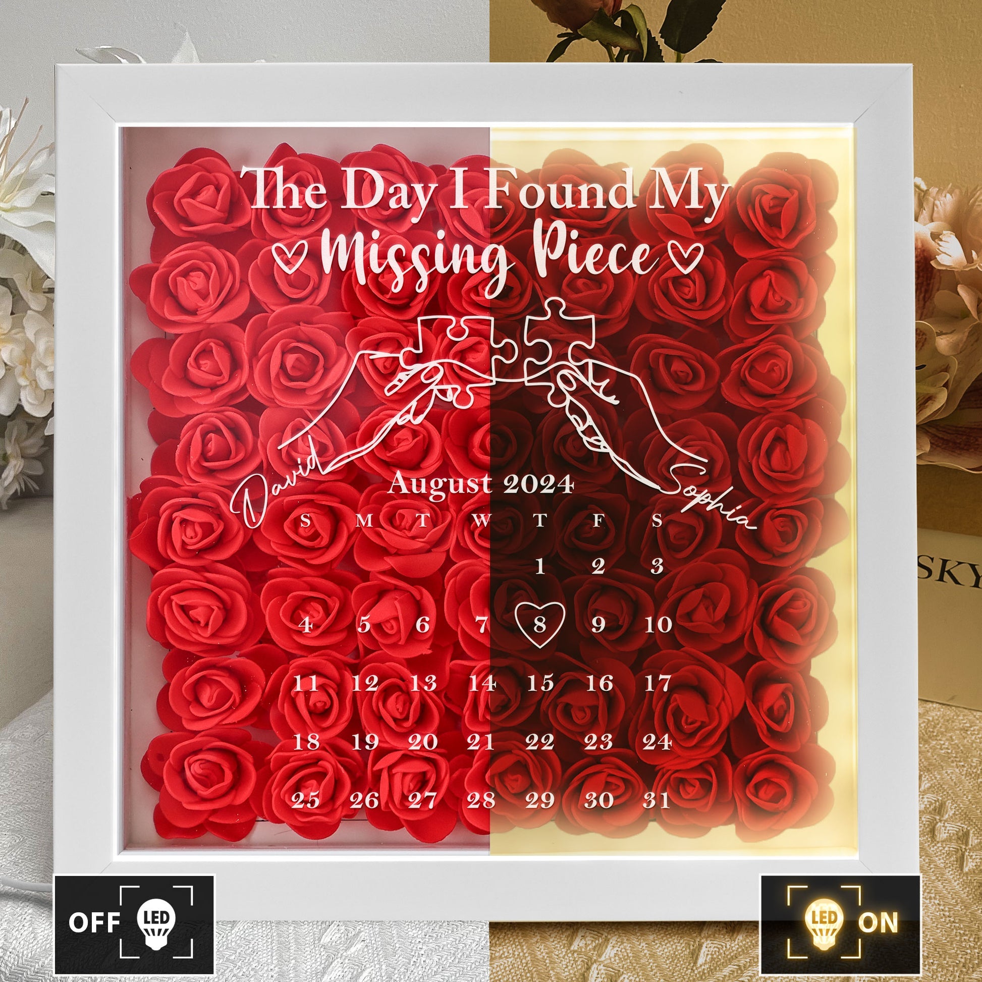 The Day I Found My Missing Piece - Custom Date - Personalized Flower Shadow Box With LED Light