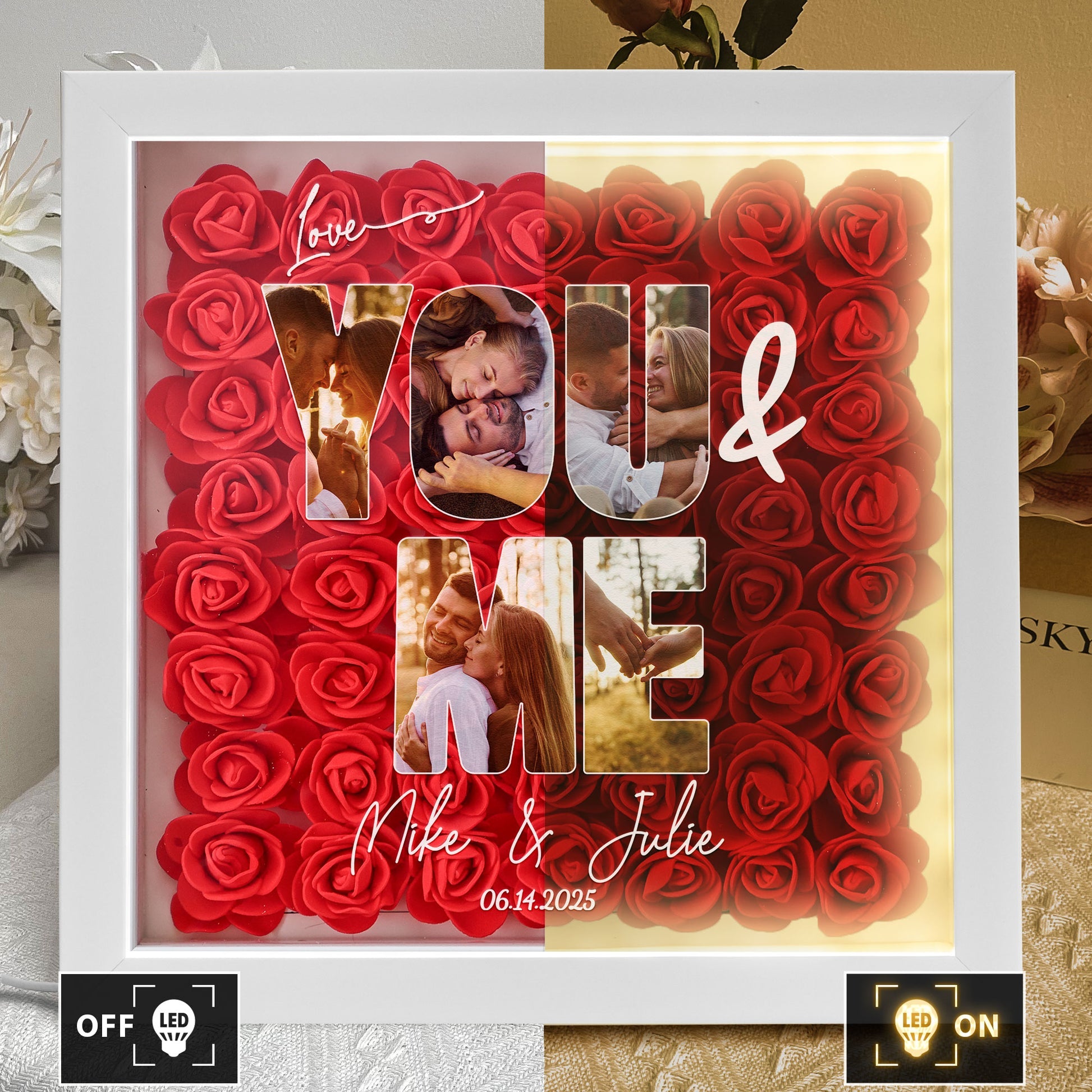 You & Me Custom Photo Collage For Couples - Personalized Photo Flower Shadow Box With LED Light
