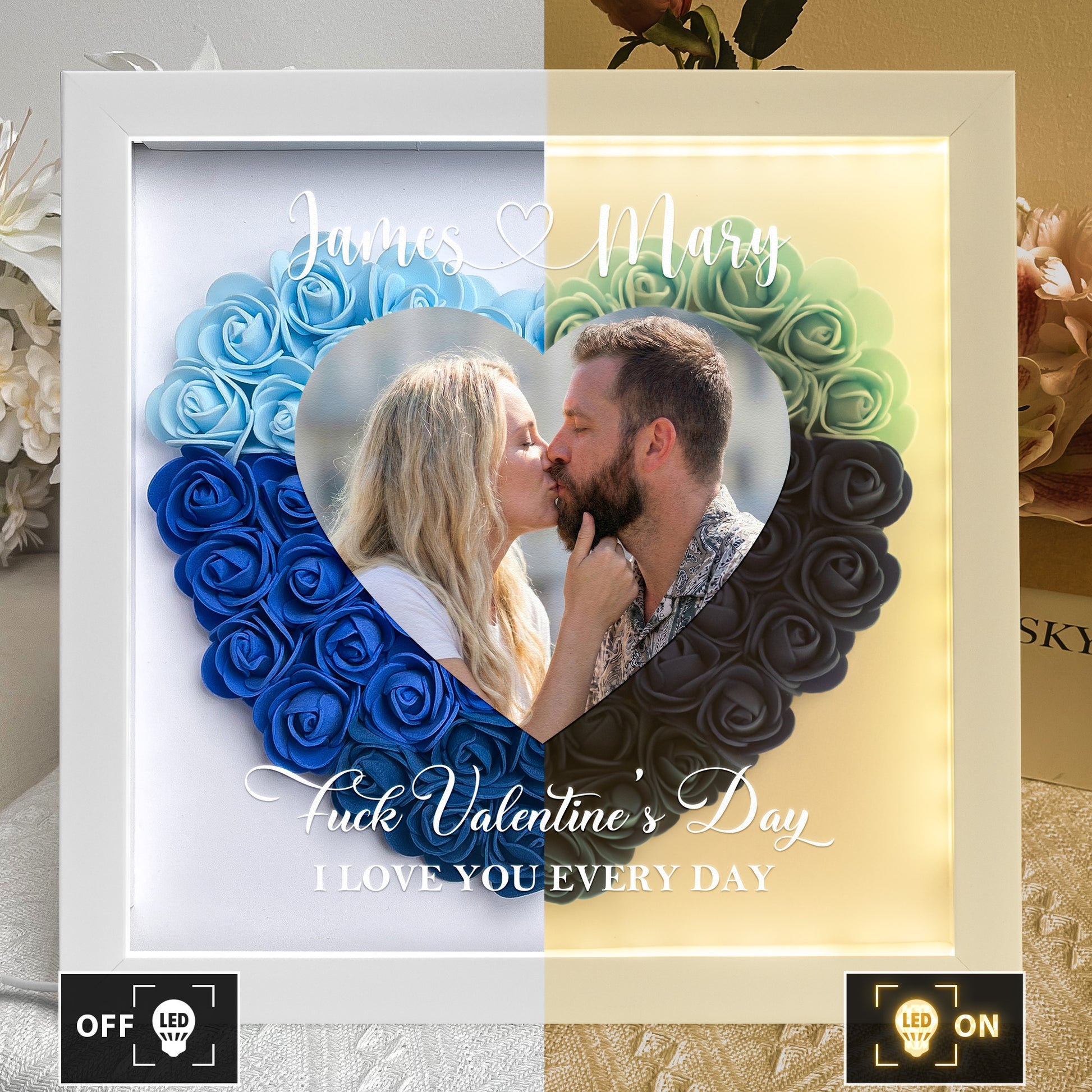 F*ck Valentine's Day I Love You Every Day - Personalized Photo Flower Shadow Box With LED Light