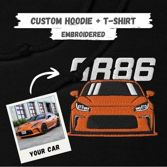 Embroidered CUSTOM Car Hoodie and T-Shirt of Your Car-Gift Idea for Petrolheads