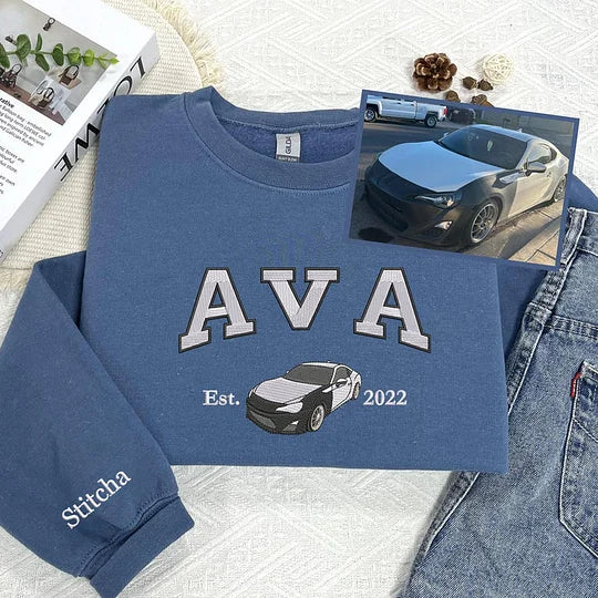 Personalized Sweatshirt Embroidered Car Photo Line Design Custom Name Attractive Gift for Car Lovers