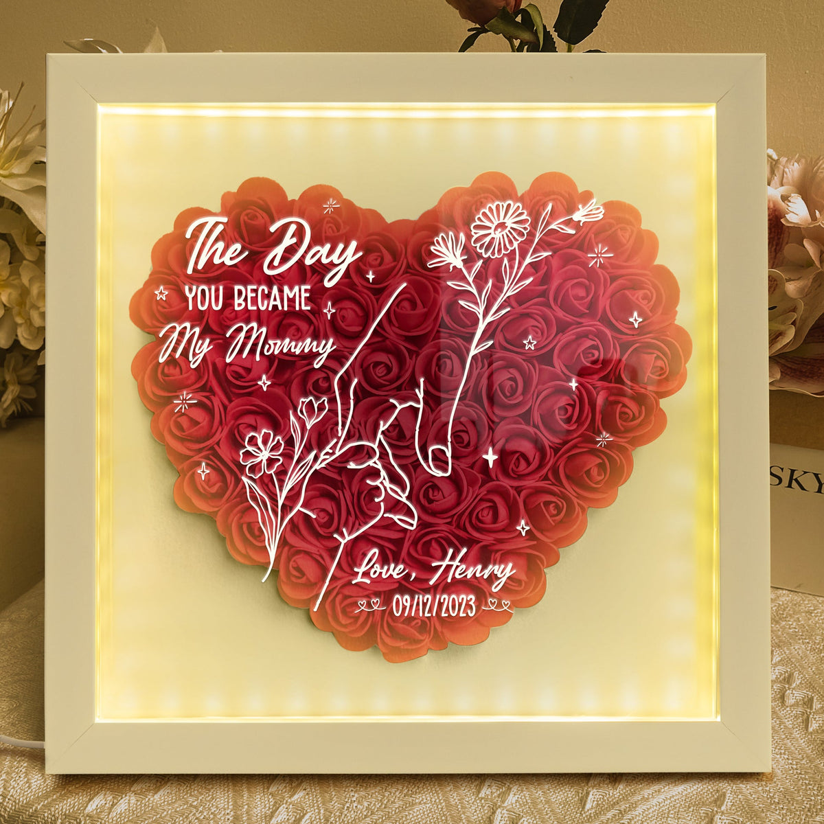 The Day You Became My Mummy - Personalized Flower Shadow Box With LED Light