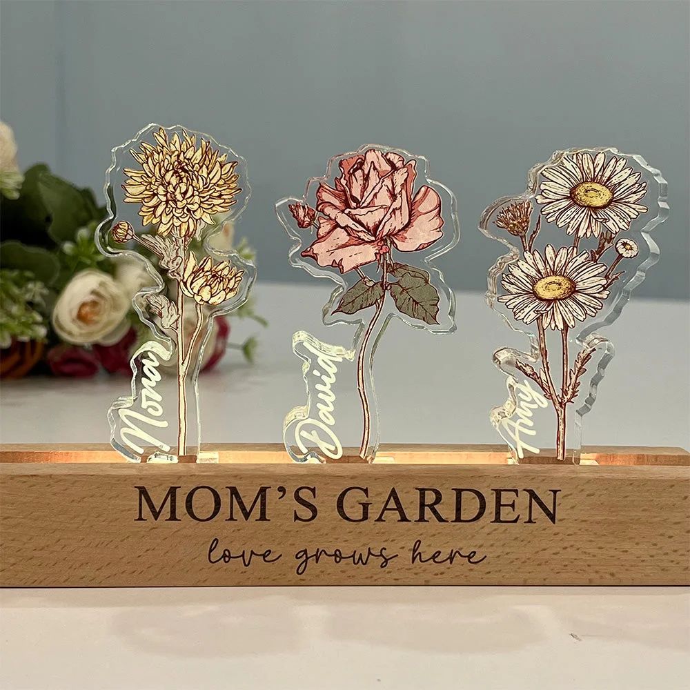 ✨Custom Birth Flower 3D Crystal Acrylic LED Light With Children's Names