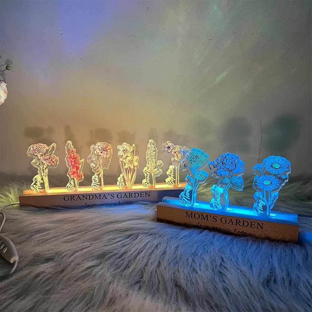 ✨Custom Birth Flower 3D Crystal Acrylic LED Light With Children's Names
