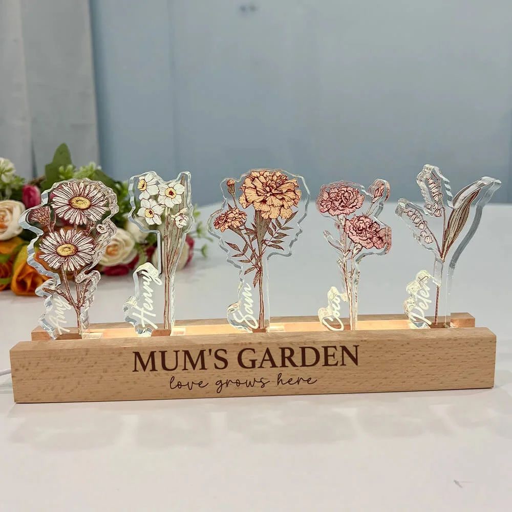 ✨Custom Birth Flower 3D Crystal Acrylic LED Light With Children's Names