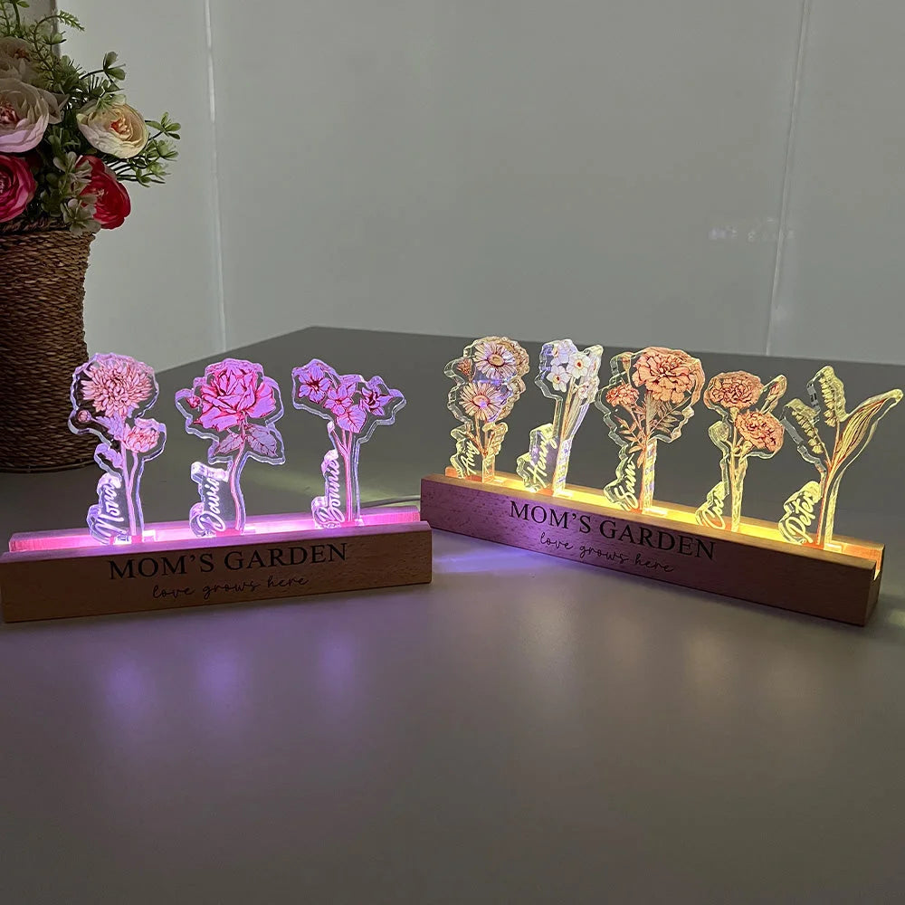 ✨Custom Birth Flower 3D Crystal Acrylic LED Light With Children's Names