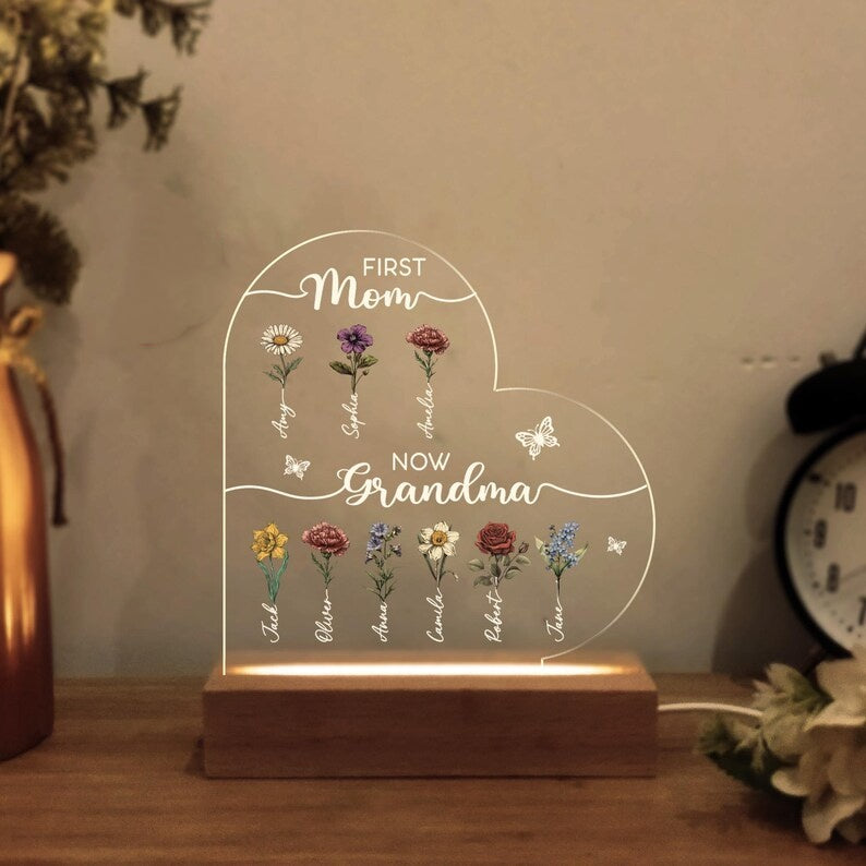 Custom First Mom Now Grandma Night Light,Personalised Birth Month Flower Lamp With Kids Names