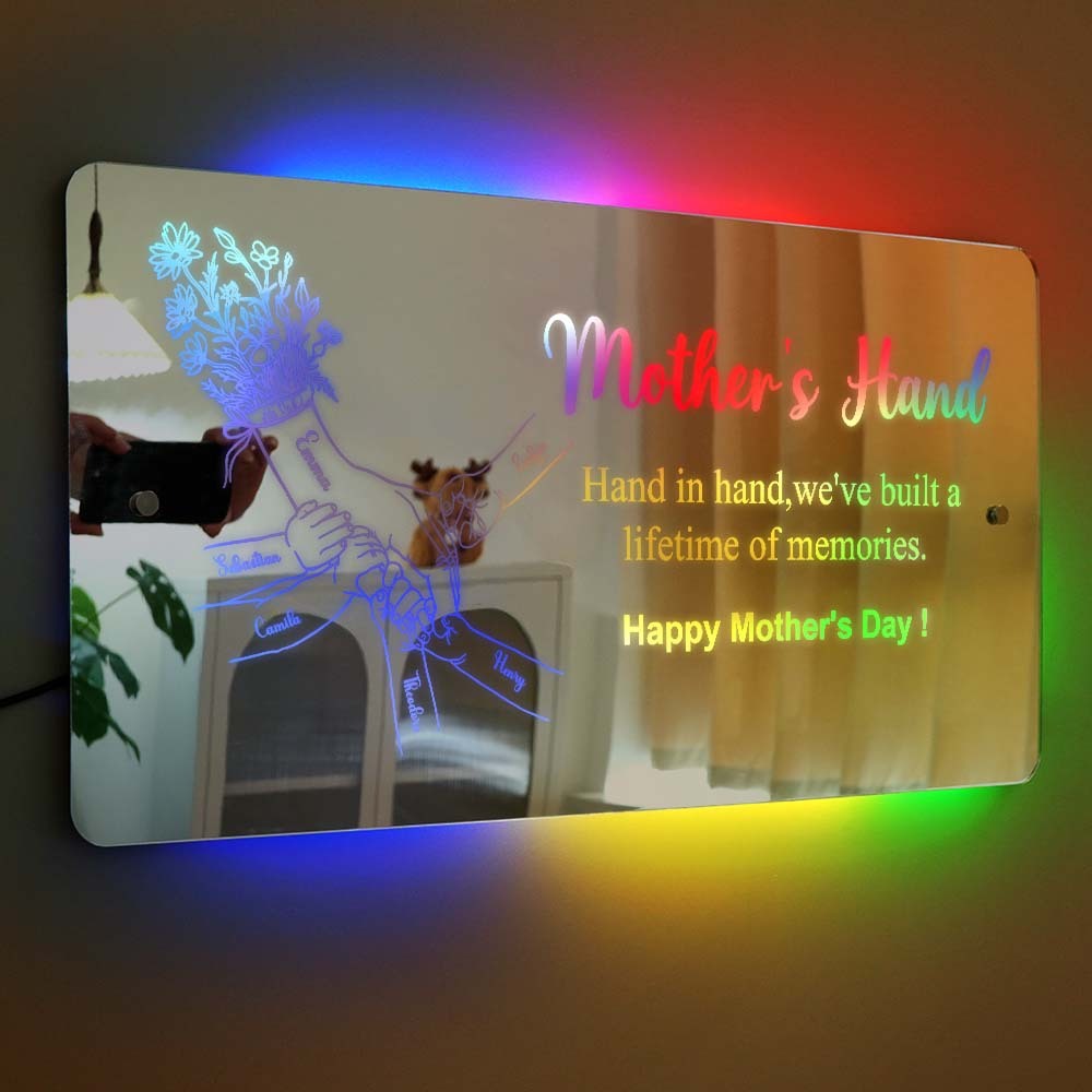 Mother's Day Gift Hand In Hand Personalized Mom And Kids Personalized Mirror Light Gift For Mom