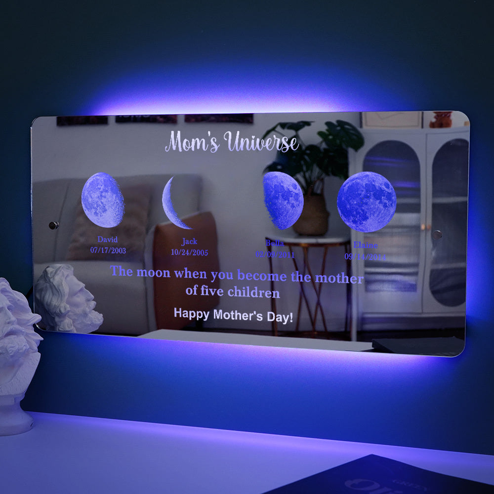 Custom Led Mirror Light Frame With Text And Date - Mom's Universe, Mother's Day Gift