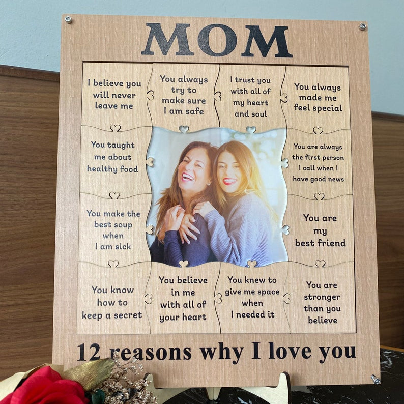 Mom, 12 Reason Why I Love You Personalized Puzzle Wooden Frame