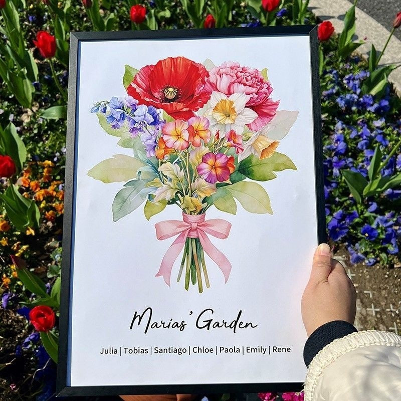 Birth Flower Family Bouquet Custom Names Frame