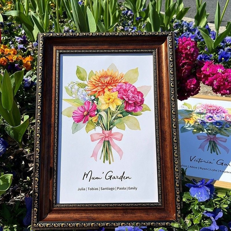 Birth Flower Family Bouquet Custom Names Frame