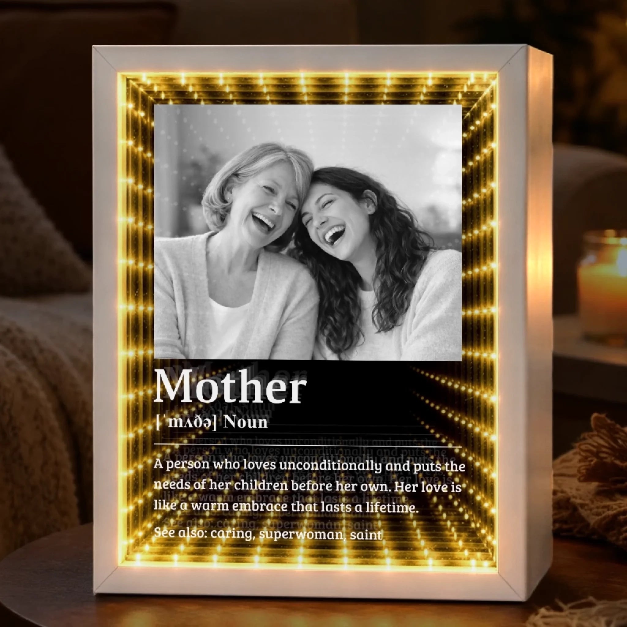 Custom Photo Infinity Mirror Light Box – Personalized Mother's Day Gift for Mom, Mom Means Everything LED Photo Light