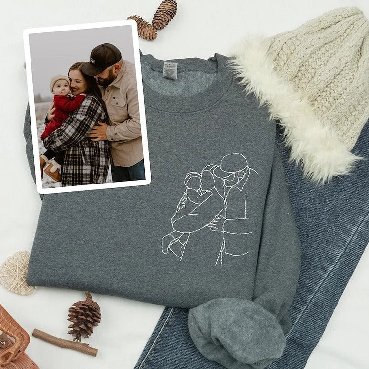 Custom Embroidered Sweatshirts & T-shirt - Personalized Outline Family Portrait From Photo