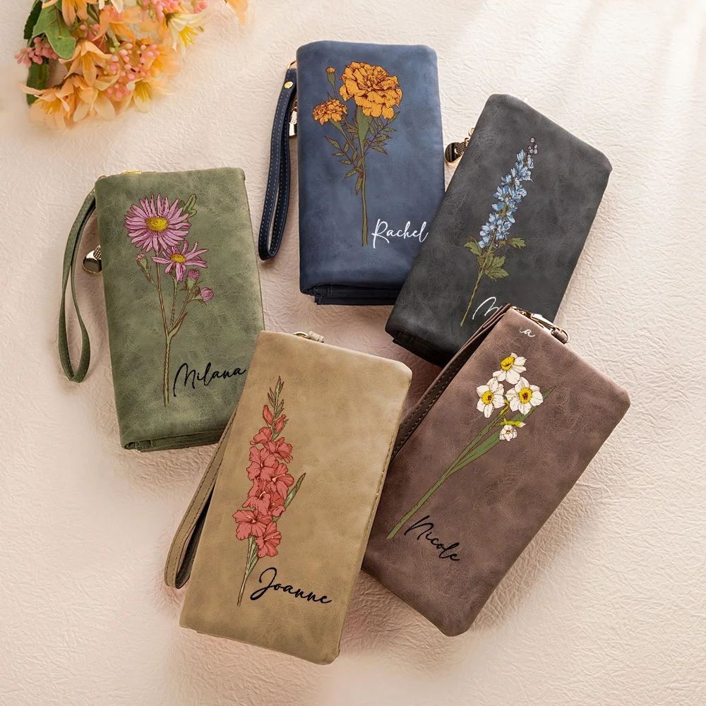 Custom Name Watercolor Birth Flower Tri-Fold Wristlet Wallet & Leather Card Holder — Mother's Day Gift For Mom