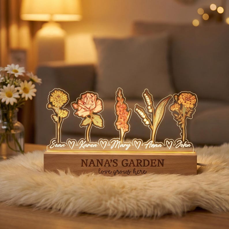 Personalized Grandma’s Garden Birth Flower Night Light – Custom Kids Names Acrylic LED Lamp, Mother’s Day Gift for Grandma & Mom