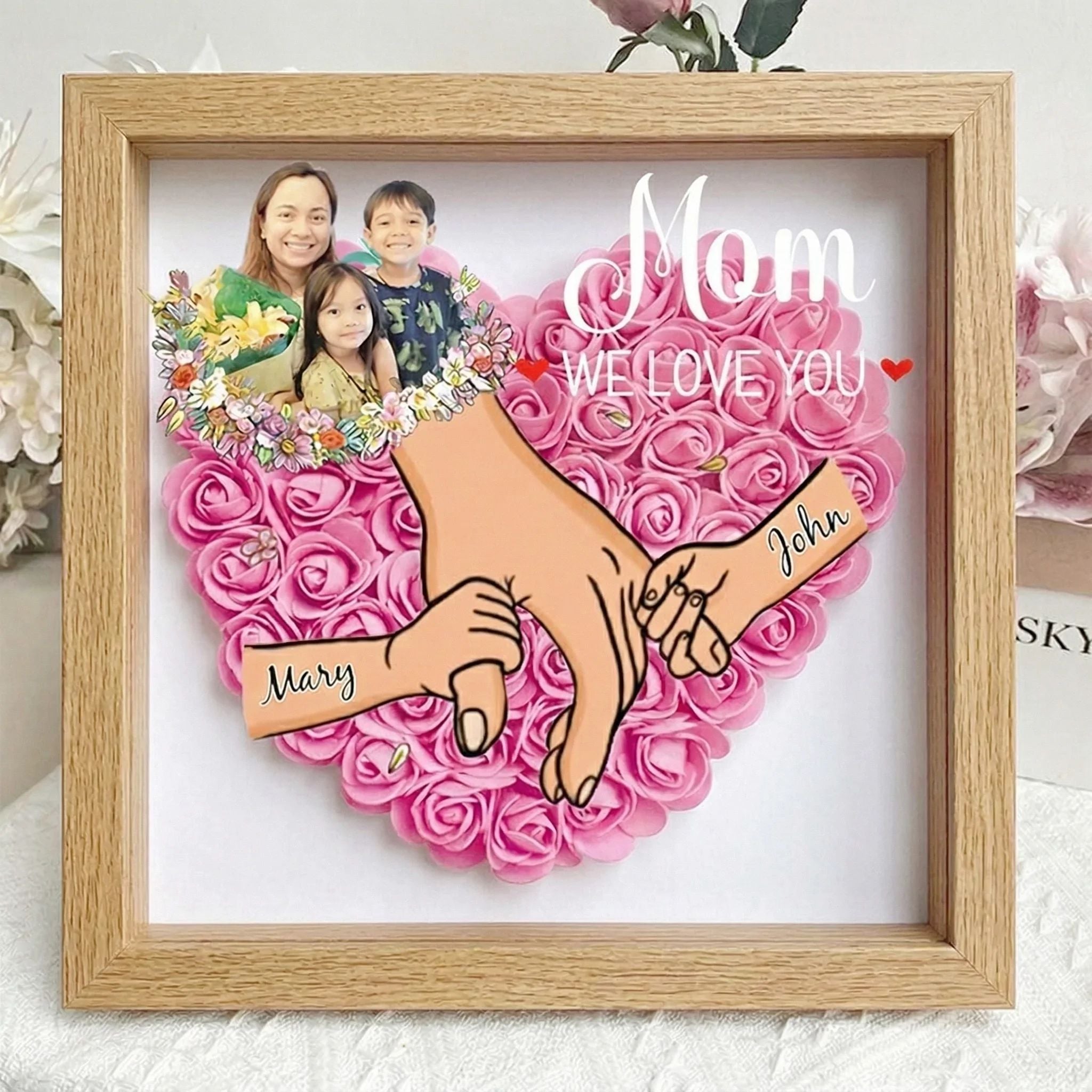 Personalised Mom & Grandma Flower Shadow Box,Mother's Day Gift with Photo & Names