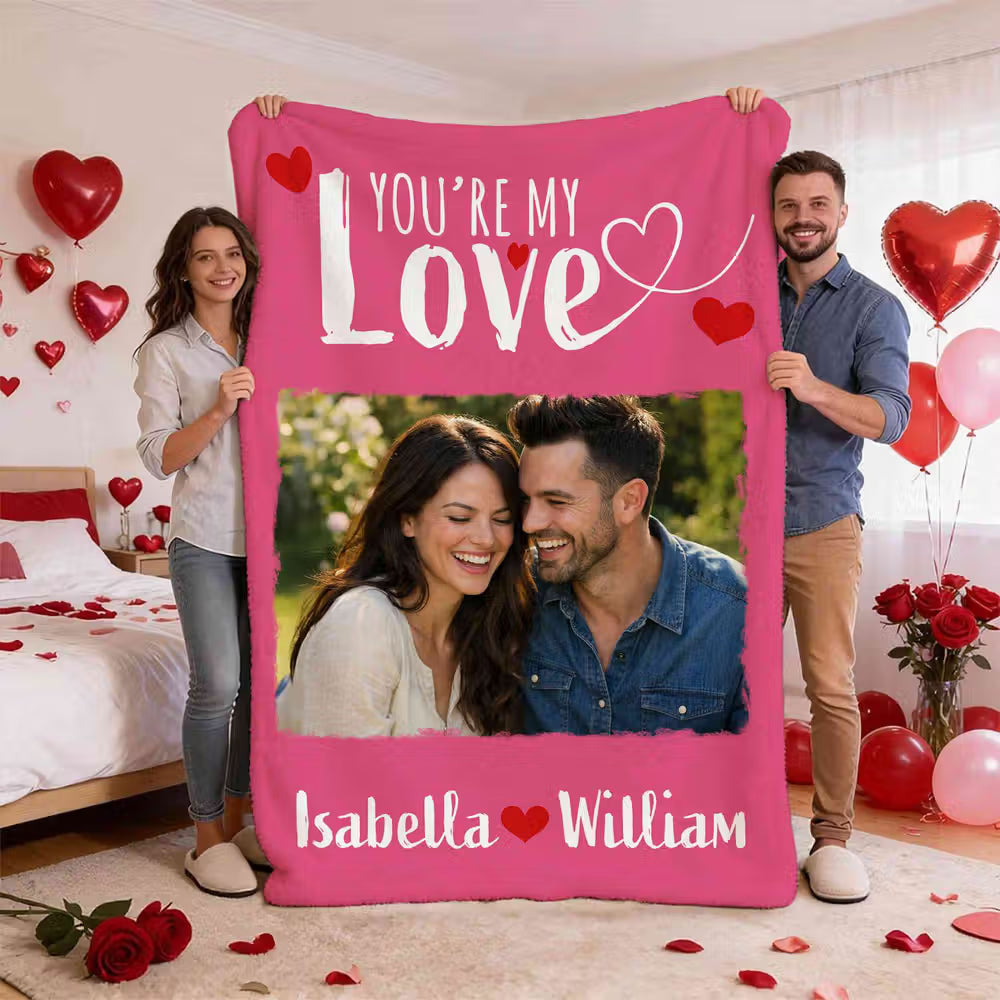Personalized Multi-Color Couple Photo Soft Throw Blanket with Names Daily Use Valentine's Gift for Couples Girlfriend