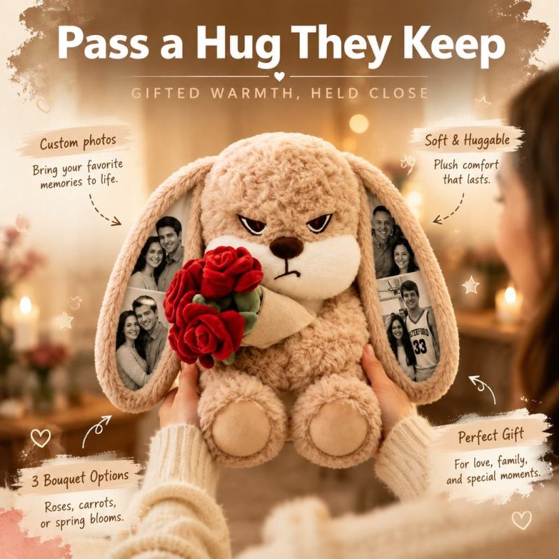 Personalized Grumpy Bunny Plush Toy with Custom Photo Ears, Cute Stuffed Rabbit Holding Roses, Gift for Her, Him, Couples & Loved Ones