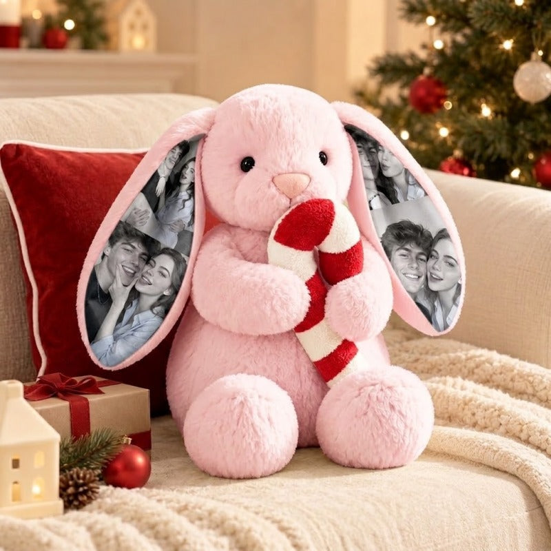 Custom Christmas Photo Bunny Plush holding Candy Cane – Personalized Stuffed Rabbit with Ear Pictures, Cute Holiday Keepsake & Xmas Gift for Couples, Family