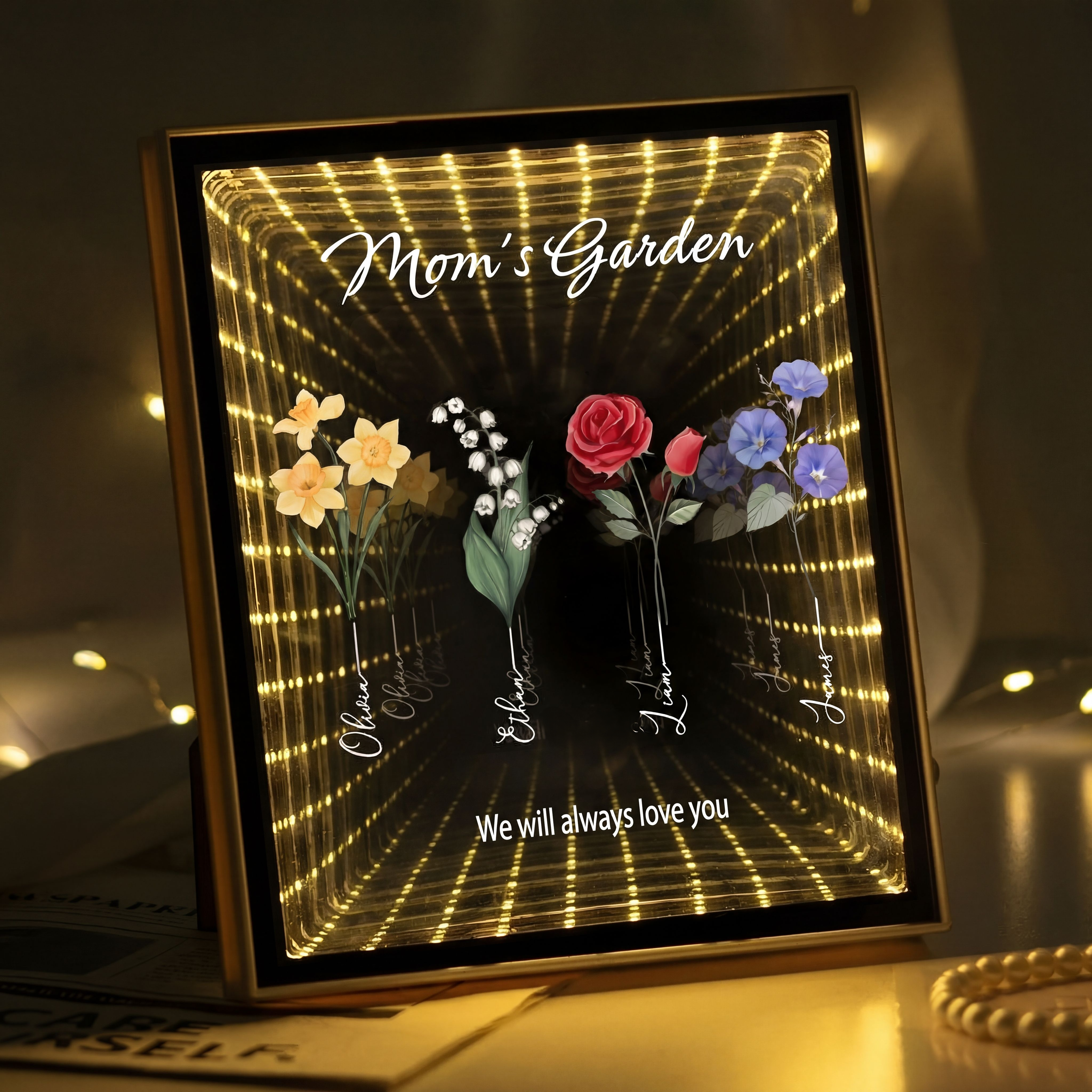 Mom’s Garden Infinity Mirror Light Box – Personalized Birth Flower LED Photo Frame Gift for Mom, Mother's Day Custom Kids Names Lamp