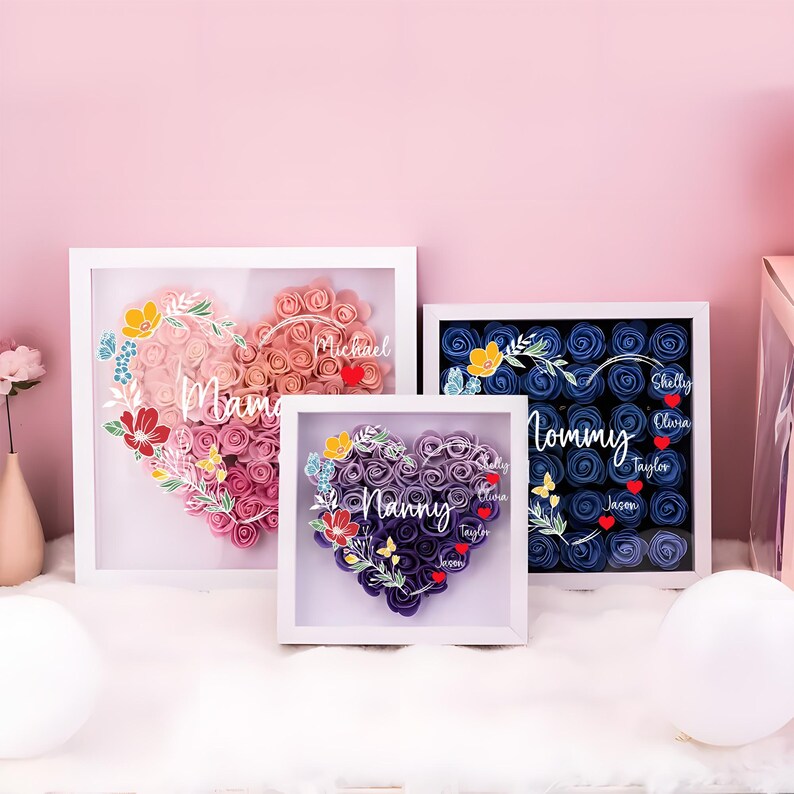 Custom Heart-Shaped Flower Name Box For Mom