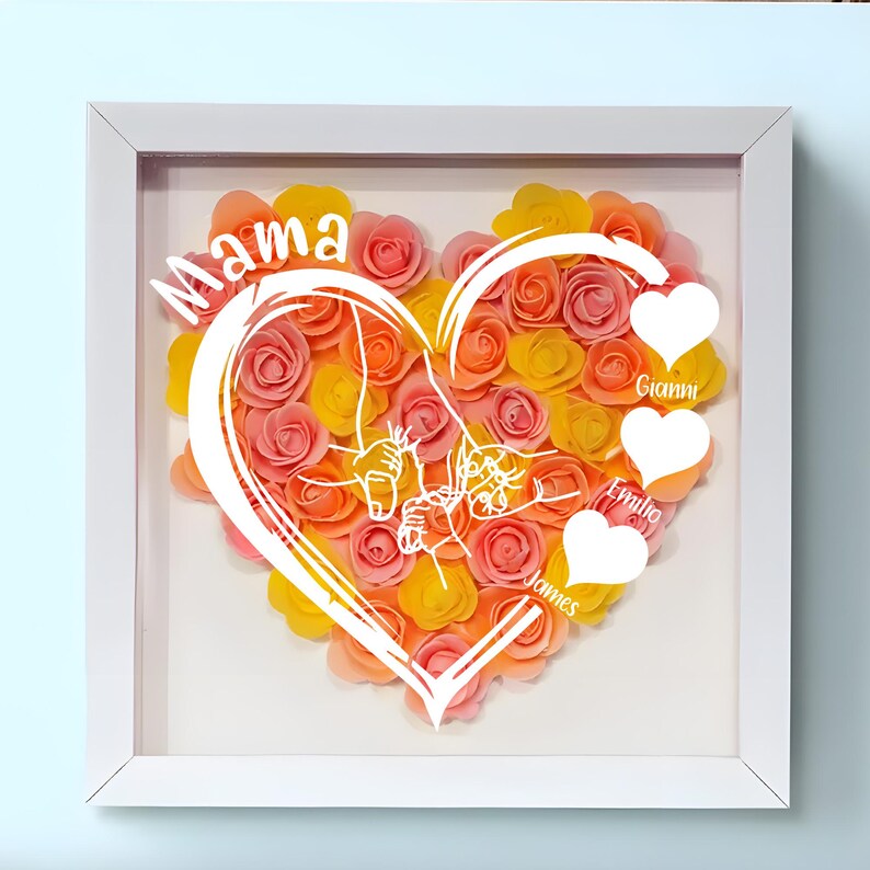 Personalized Flower Heart Shadow Box For Mom, Roses Shadowbox With Names