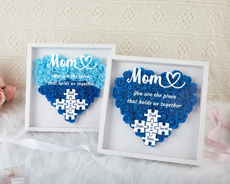 Custom Mom Puzzle With Kids Names Heart Flower Shadow Box