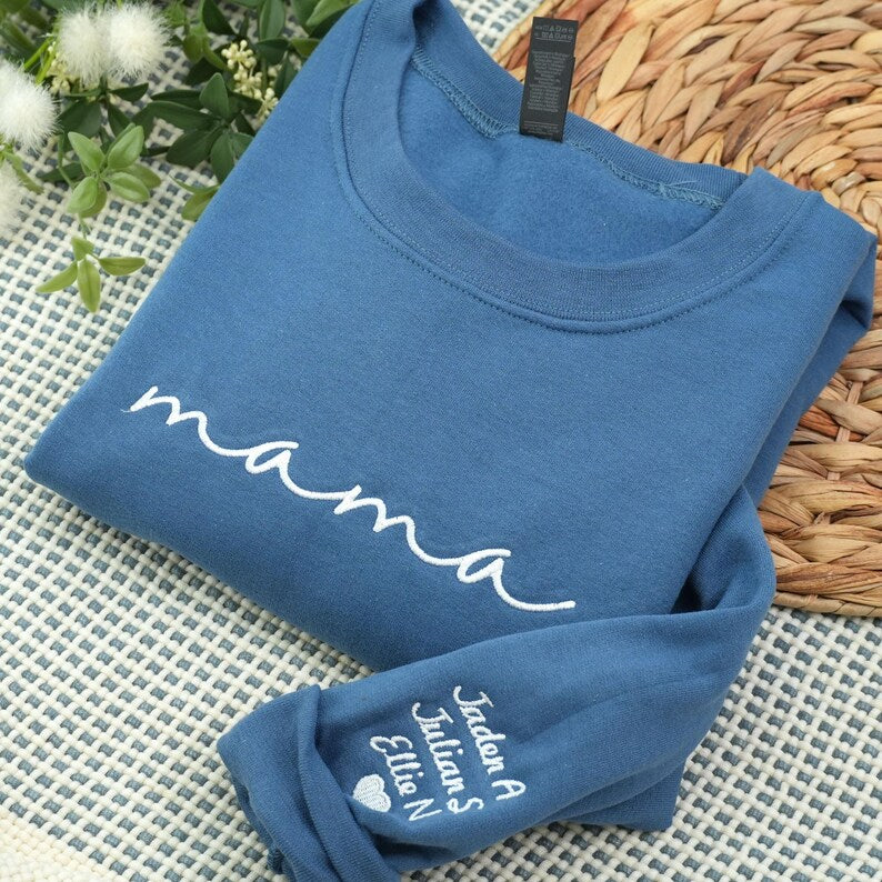 Embroidered Custom Mama Sweatshirt with Mama Birth Flowers & Names on Sleeve