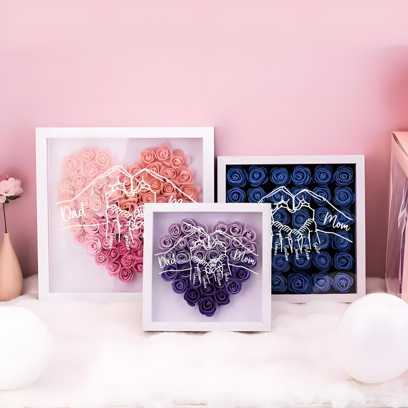 Personalised Mom And Child Hands Flower Heart Shaped Shadow Box For Family