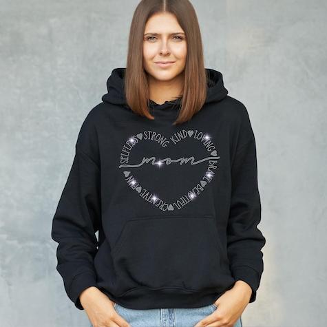 Custom Mom Rhinestone Heart T-Shirt With Empowering Words: Strong, Brave, Fun