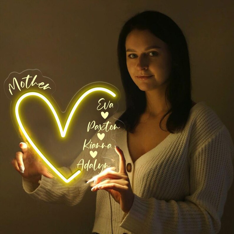 Custom Mama With Kids Names Heart Neon