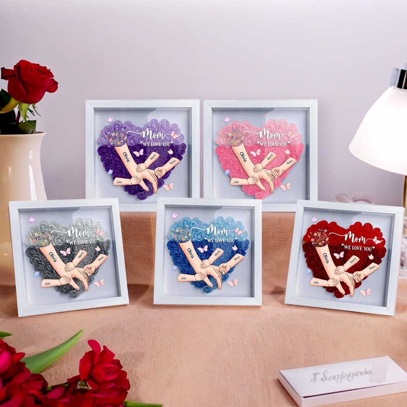 Personalized Handprints Mom And Children Flower Shadow Box