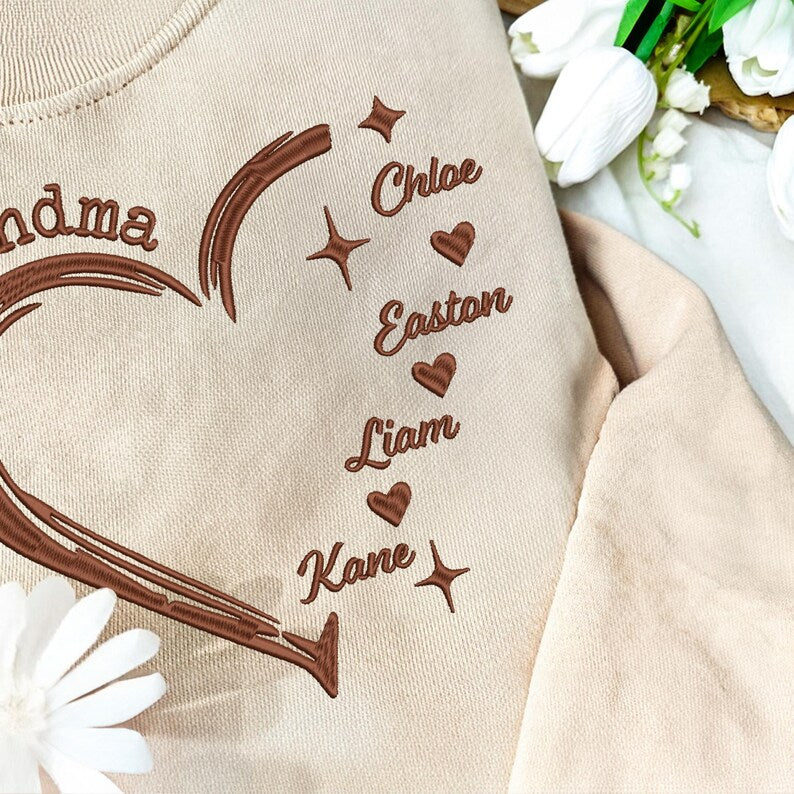 Custom Grandma Heart Grandkid Name Embroidered Sweater