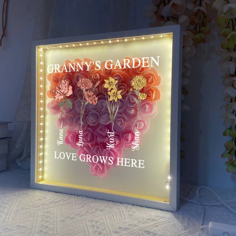 Personalized Mom Flower LED Light Shadow Box Handcrafted Mom's Present