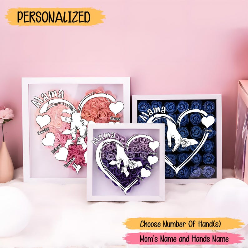 Personalized Flower Handprints Shadow Box For Mom Gift