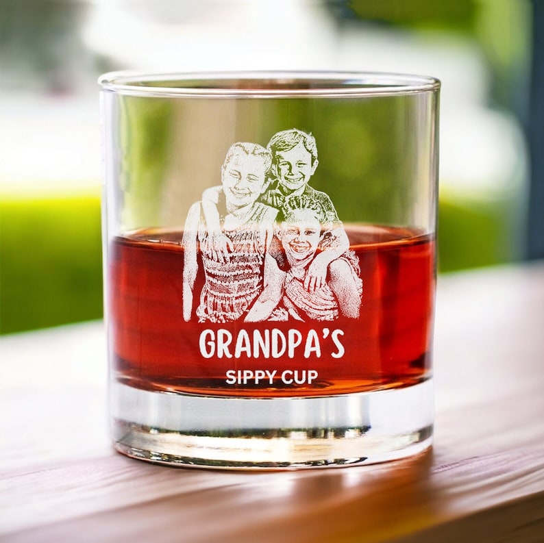 Custom Grandparent Gifts - Engraved Grandkids Photo On Whiskey Glass And Wine Glass