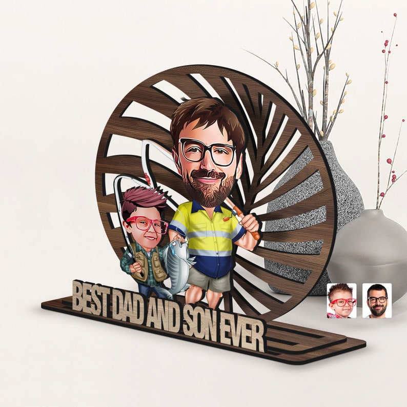Personalized 3D Wooden Cartoon Father's Day Figurine Trinket, Custom Caricature Portrait, Style 8