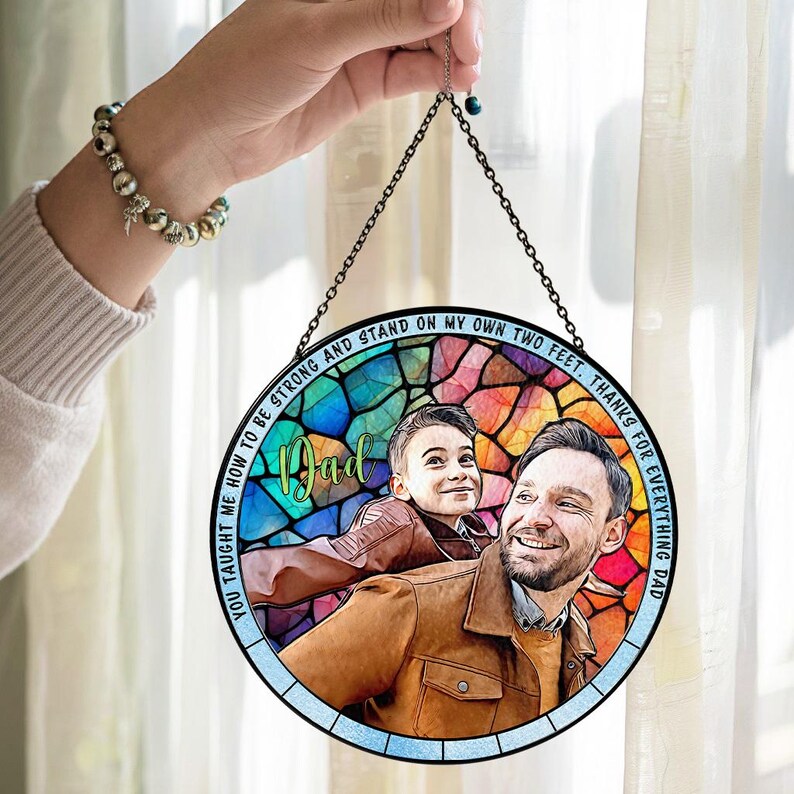 Personalized Grandpa Dad Portrait Photo Stained Glass Suncatcher Window Hanging