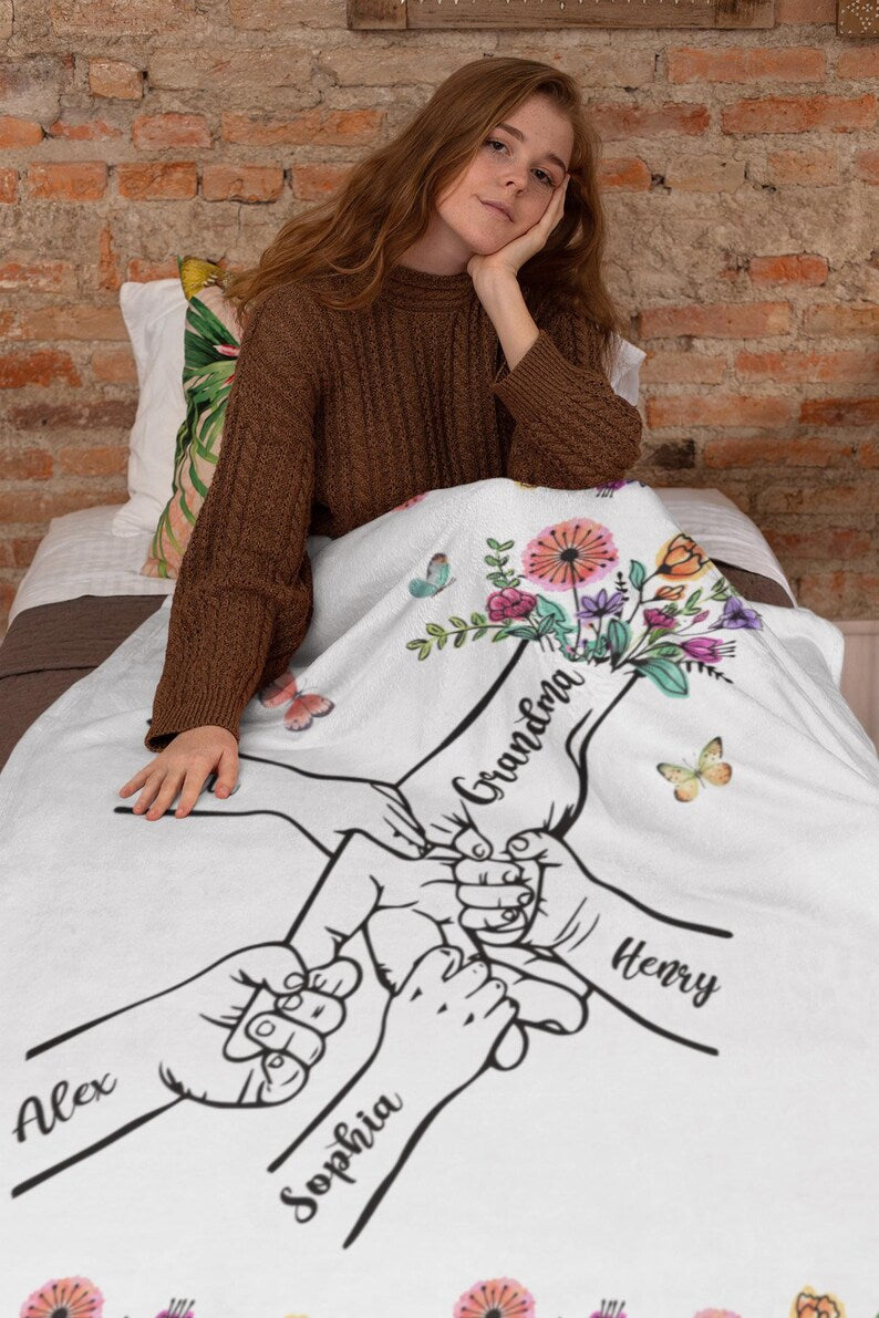 Customized Holding Child's Hand Grandma Blanket Gift Nana Wildflower Gift