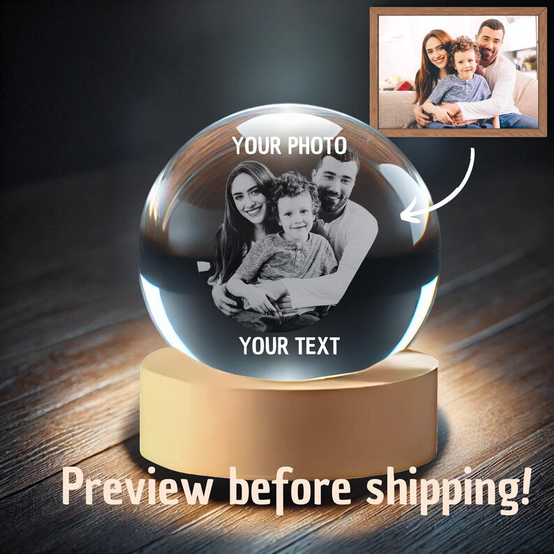 Personalized Crystal Ball With Photo – Engraved Laser Memory Gift Custom Anniversary Gift For Couples