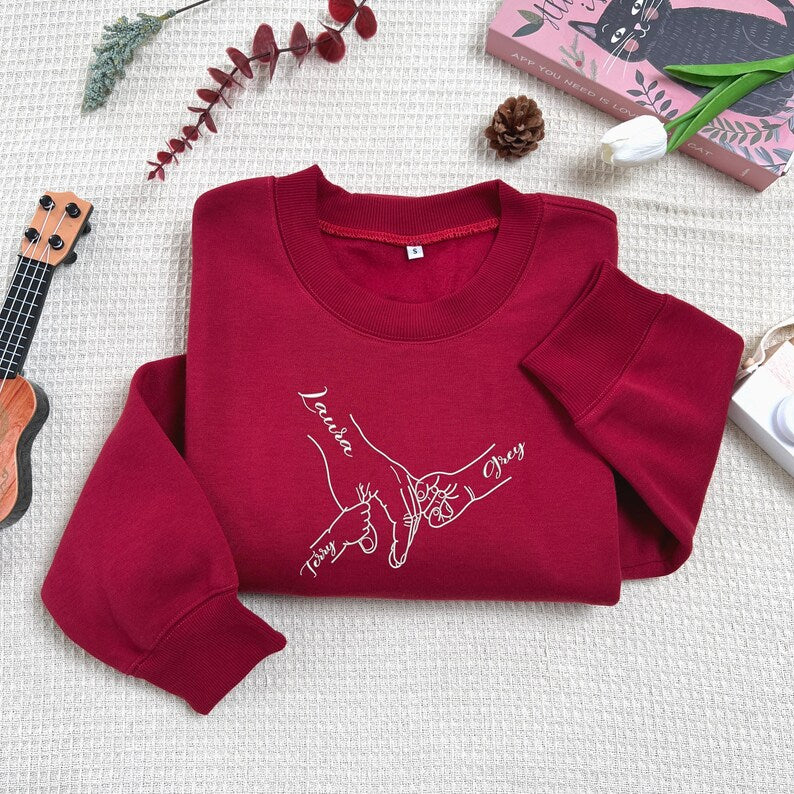Custom Embroidered Sweatshirt With Mom's Hand And Child's Name For Mother's Day Gift
