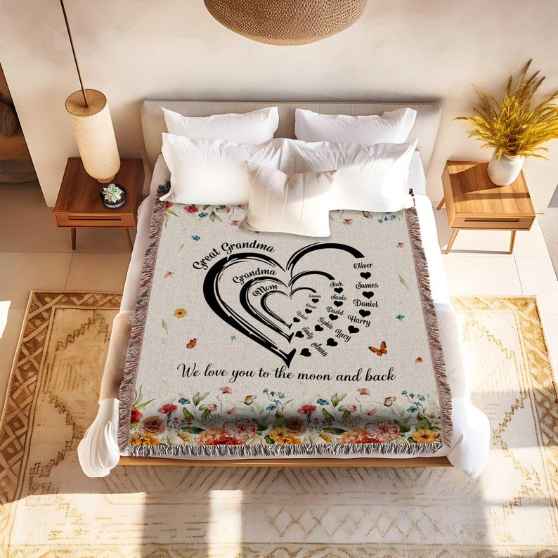 Custom Woven Blanket For Grandma - Personalized "We Love You To The Moon And Back" Throw Blanket